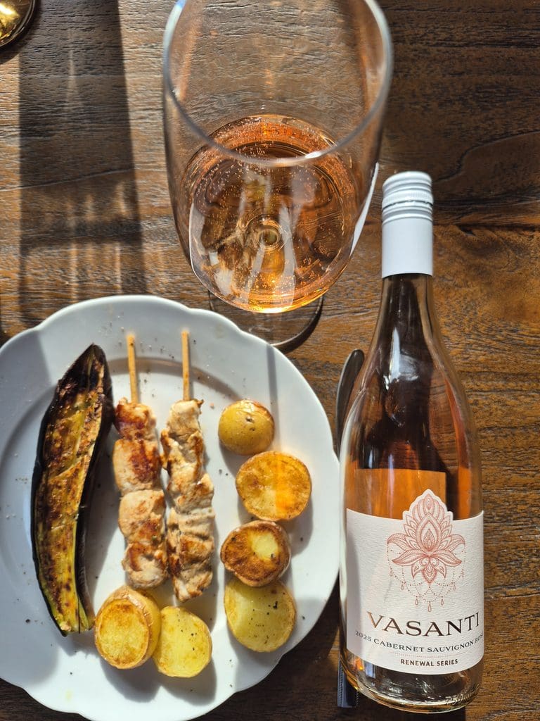 Vasanti Pinot Gris 2025 ($24.99) with Chicken Souvlaki, panfried potato and grilled eggplant.